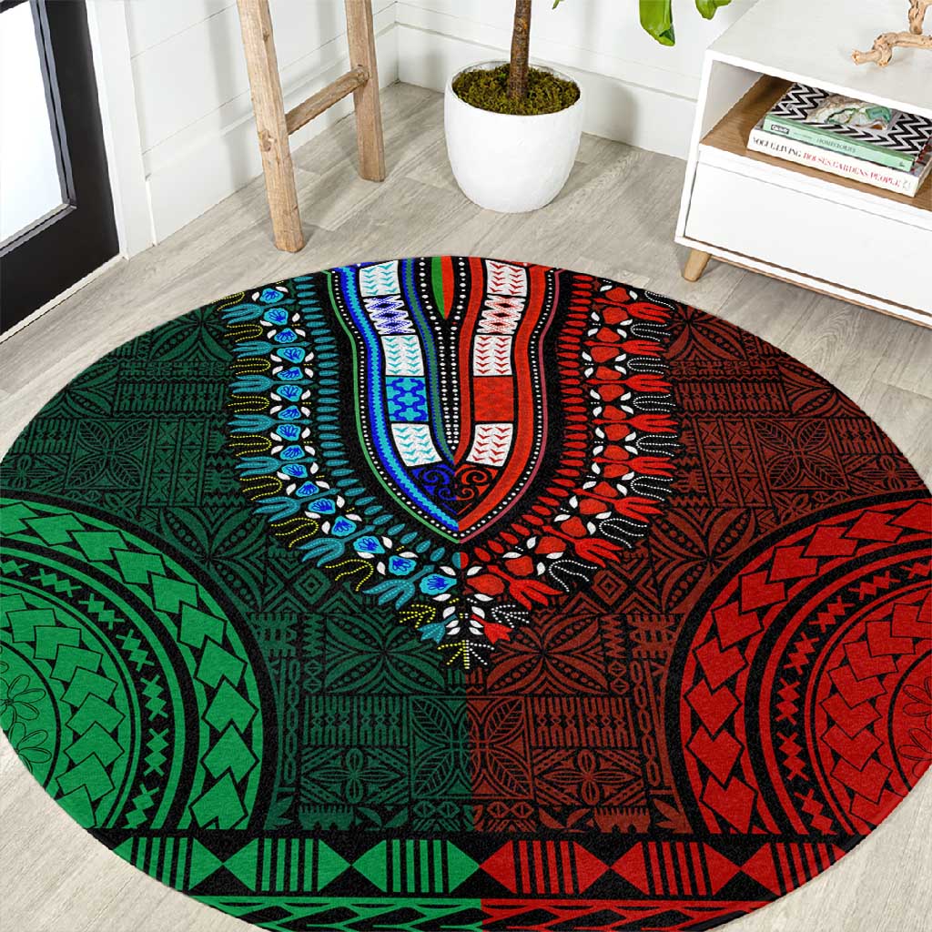 Green-red Dashiki and Tapa Pattern Round Carpet Africa-Polynesia Together Culture LT9