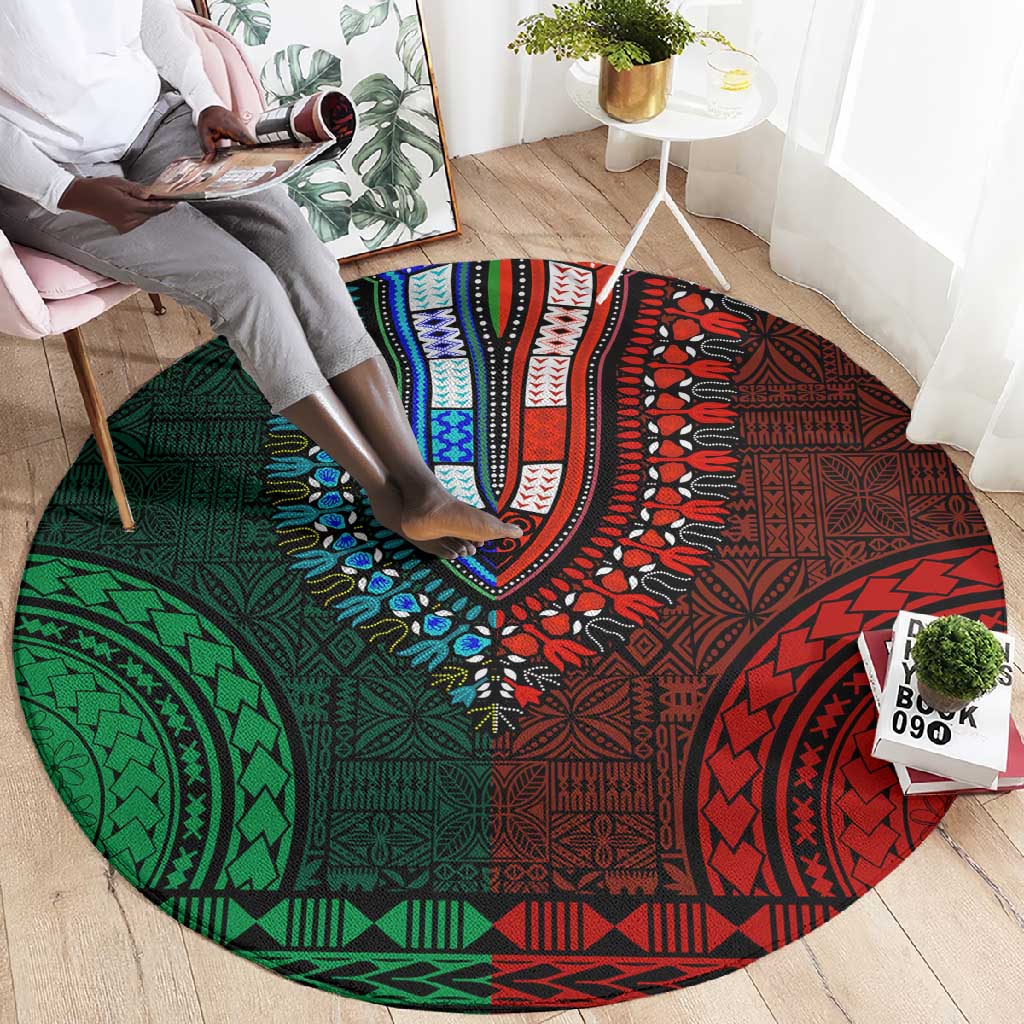 Green-red Dashiki and Tapa Pattern Round Carpet Africa-Polynesia Together Culture LT9