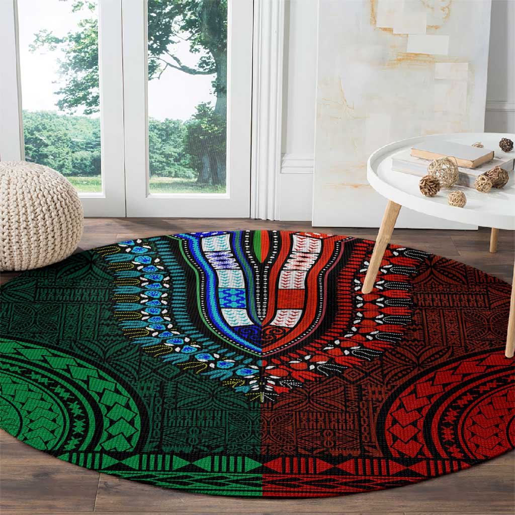 Green-red Dashiki and Tapa Pattern Round Carpet Africa-Polynesia Together Culture LT9