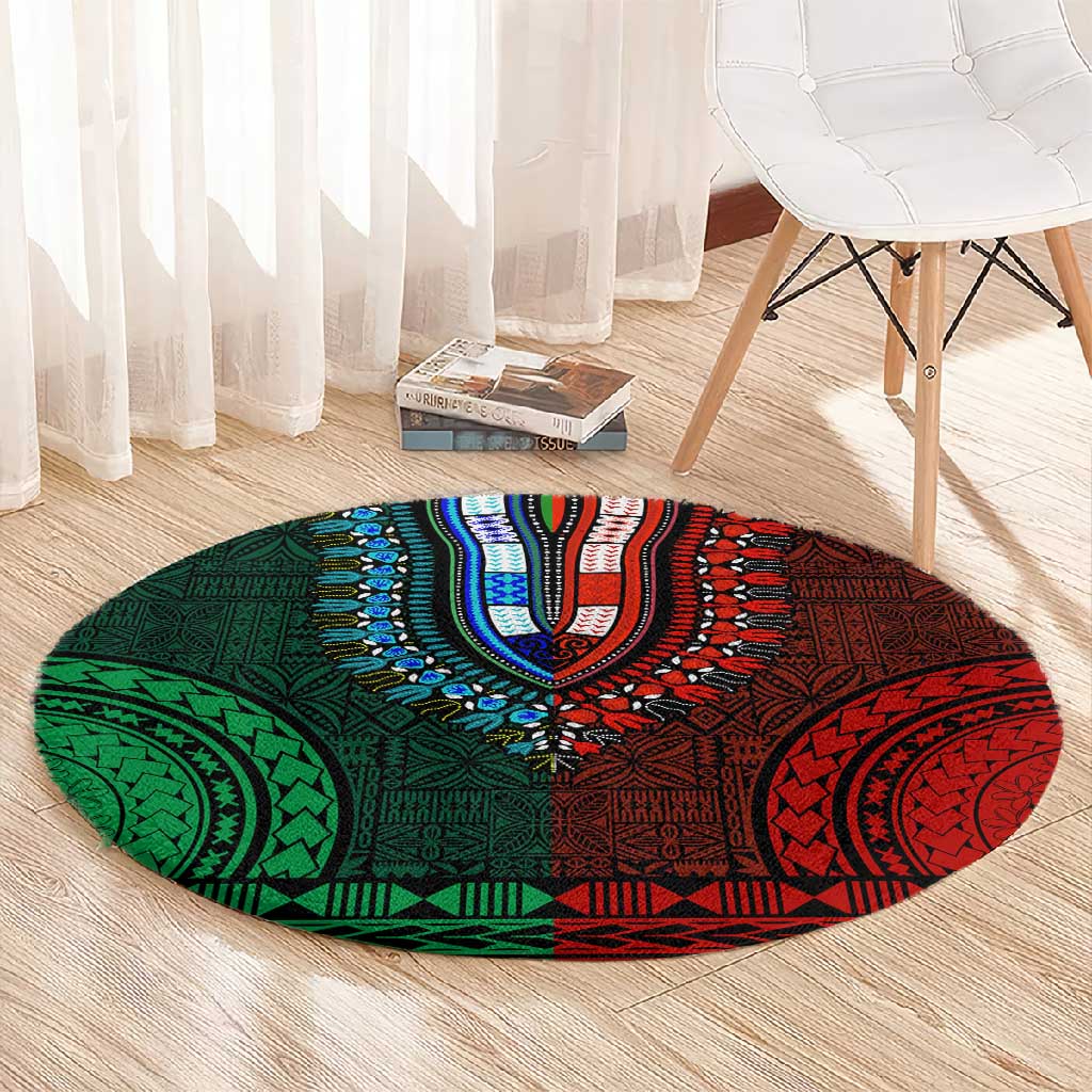 Green-red Dashiki and Tapa Pattern Round Carpet Africa-Polynesia Together Culture LT9