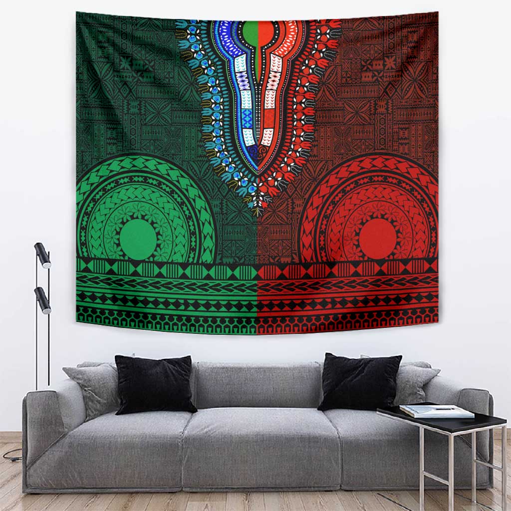 Green-red Dashiki and Tapa Pattern Tapestry Africa-Polynesia Together Culture LT9