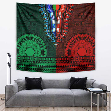 Green-red Dashiki and Tapa Pattern Tapestry Africa-Polynesia Together Culture LT9