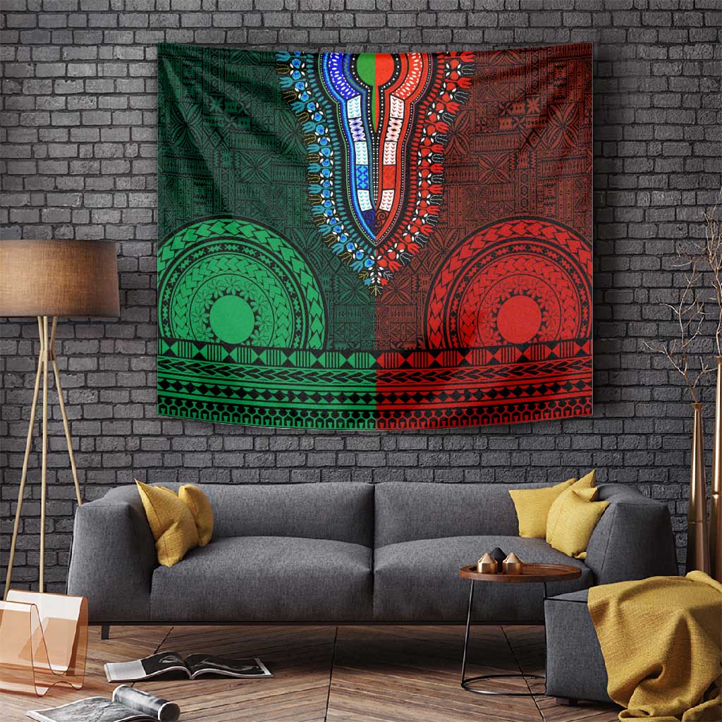 Green-red Dashiki and Tapa Pattern Tapestry Africa-Polynesia Together Culture LT9