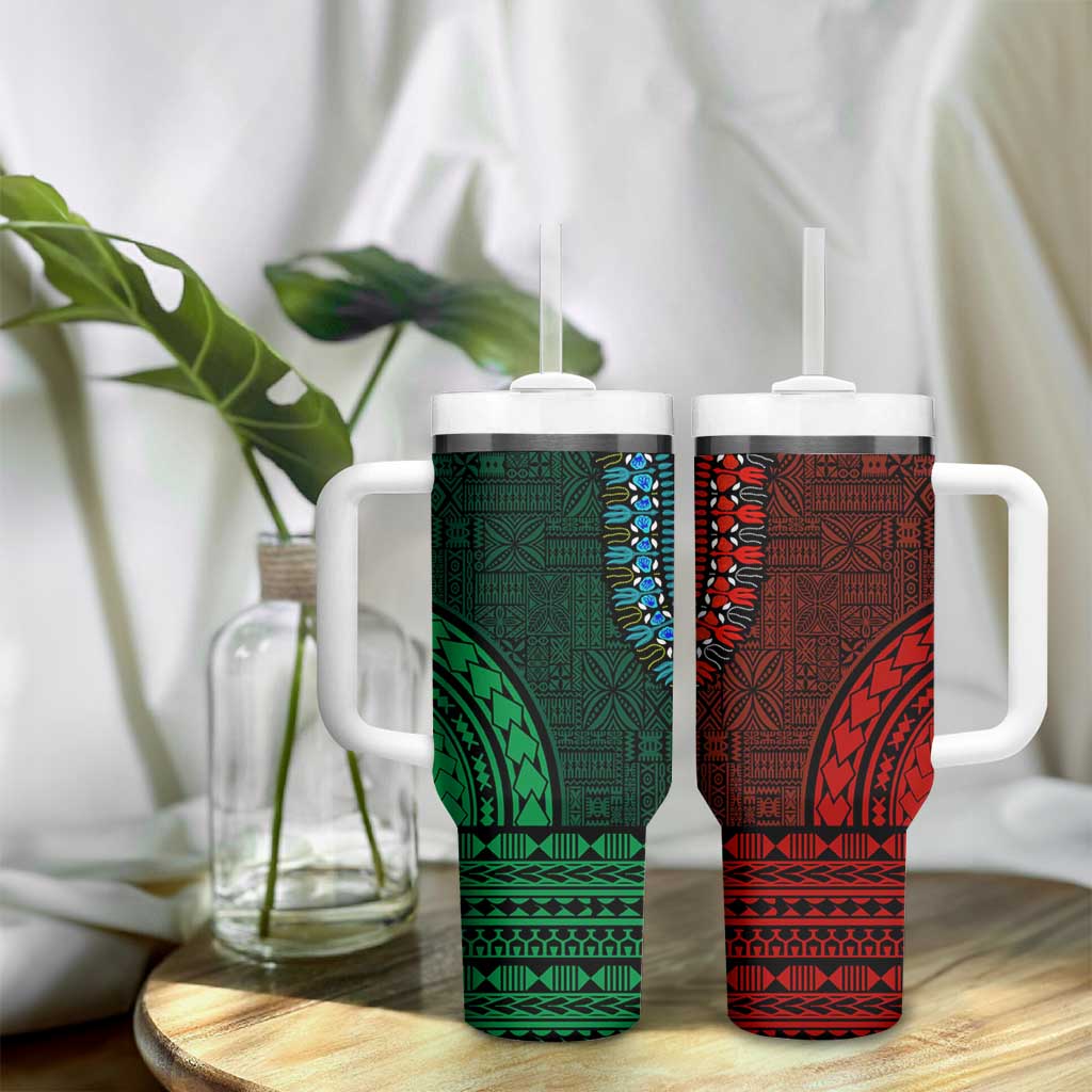 Green-red Dashiki and Tapa Pattern Tumbler With Handle Africa-Polynesia Together Culture LT9