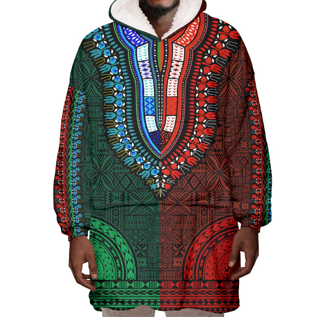 Green-red Dashiki and Tapa Pattern Wearable Blanket Hoodie Africa-Polynesia Together Culture LT9