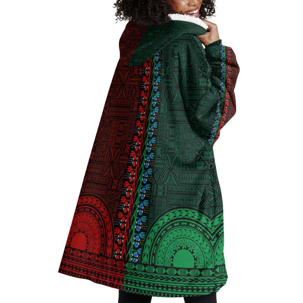 Green-red Dashiki and Tapa Pattern Wearable Blanket Hoodie Africa-Polynesia Together Culture LT9