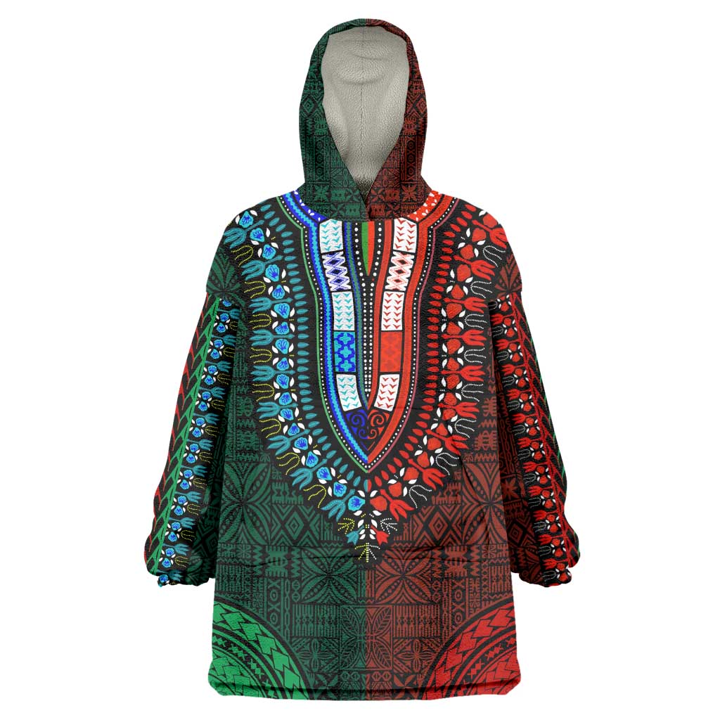 Green-red Dashiki and Tapa Pattern Wearable Blanket Hoodie Africa-Polynesia Together Culture LT9