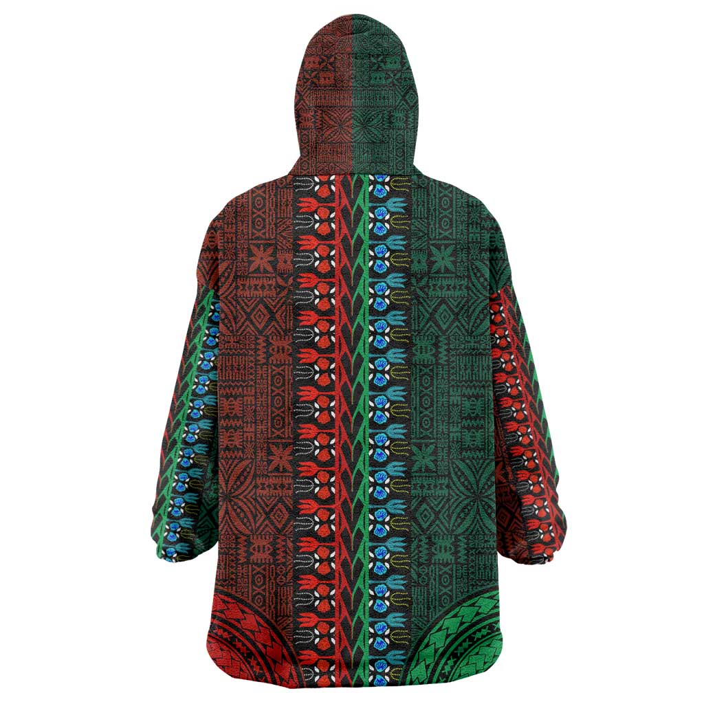 Green-red Dashiki and Tapa Pattern Wearable Blanket Hoodie Africa-Polynesia Together Culture LT9