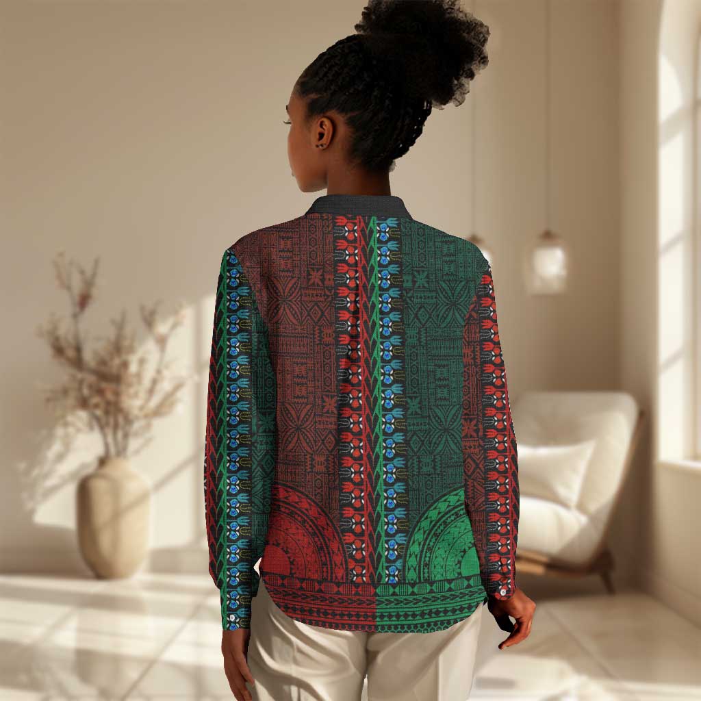 Green-red Dashiki and Tapa Pattern Women Casual Shirt Africa-Polynesia Together Culture LT9