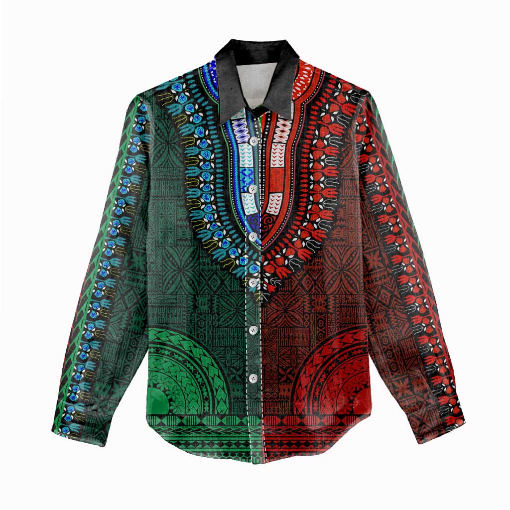 Green-red Dashiki and Tapa Pattern Women Casual Shirt Africa-Polynesia Together Culture LT9