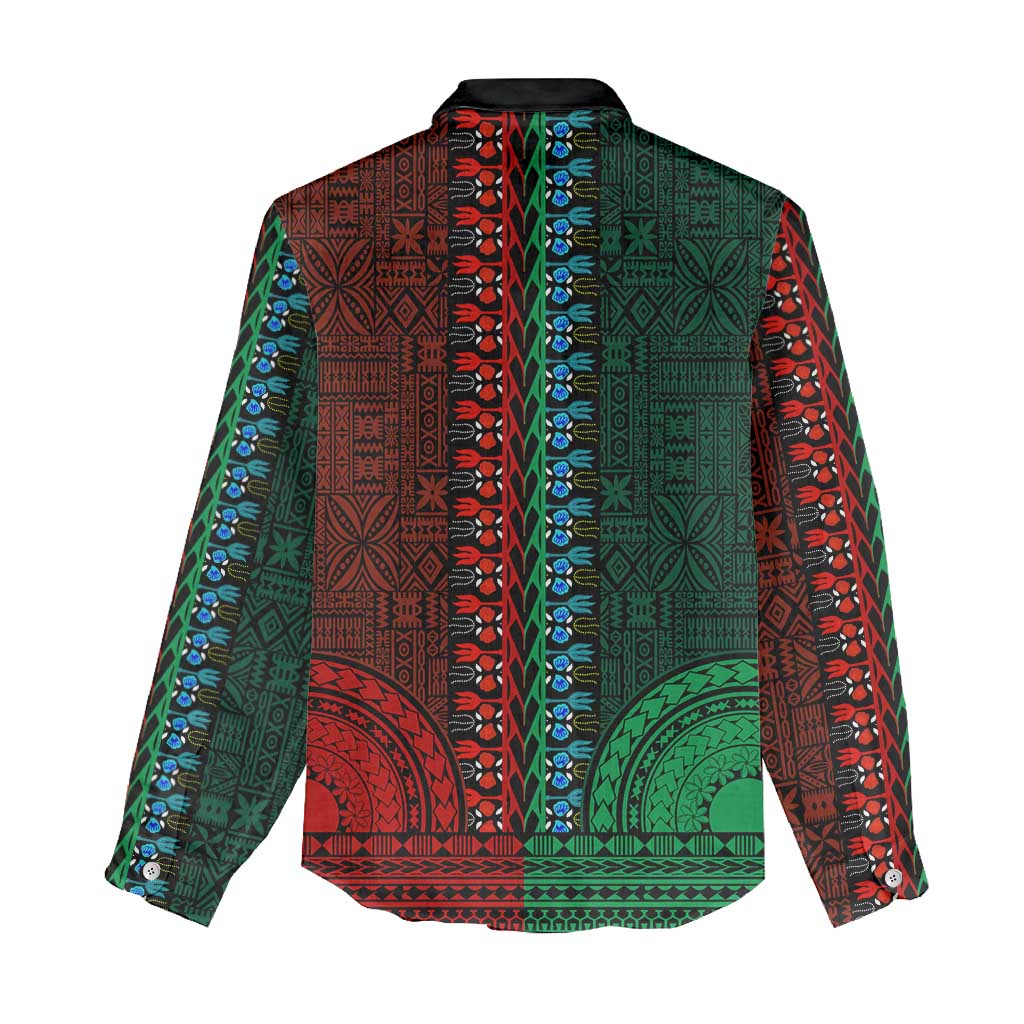Green-red Dashiki and Tapa Pattern Women Casual Shirt Africa-Polynesia Together Culture LT9