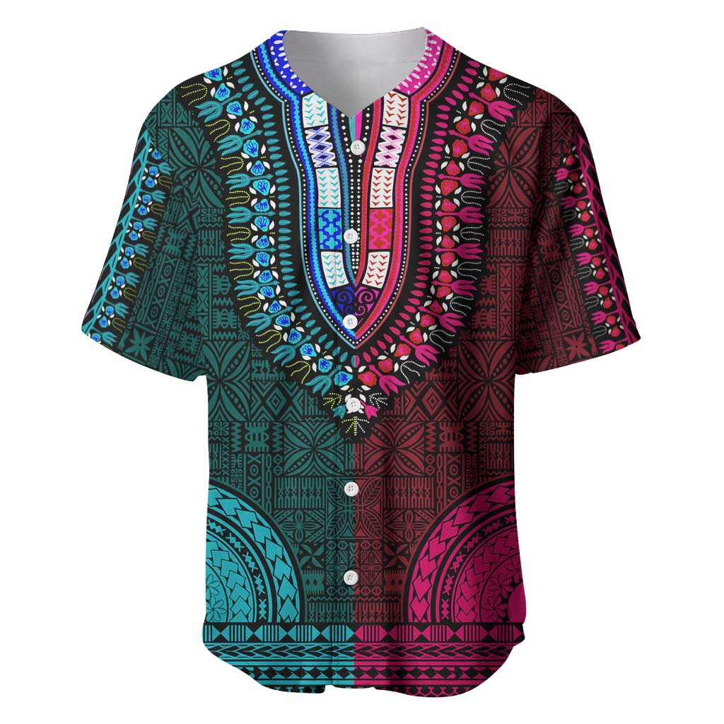 Teal-pink Dashiki and Tapa Pattern Baseball Jersey Africa-Polynesia Together Culture LT9