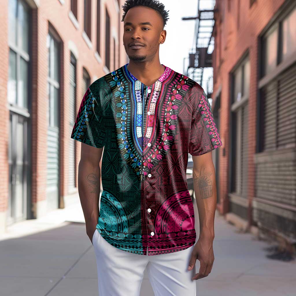 Teal-pink Dashiki and Tapa Pattern Baseball Jersey Africa-Polynesia Together Culture LT9