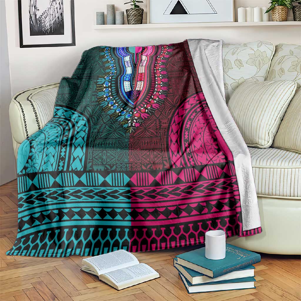 Teal-pink Dashiki and Tapa Pattern Blanket Africa-Polynesia Together Culture LT9