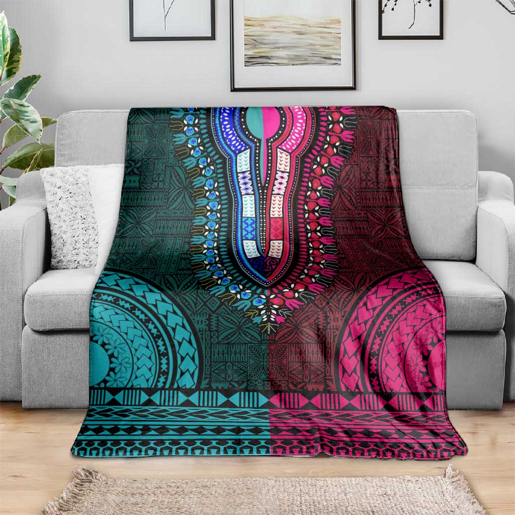 Teal-pink Dashiki and Tapa Pattern Blanket Africa-Polynesia Together Culture LT9