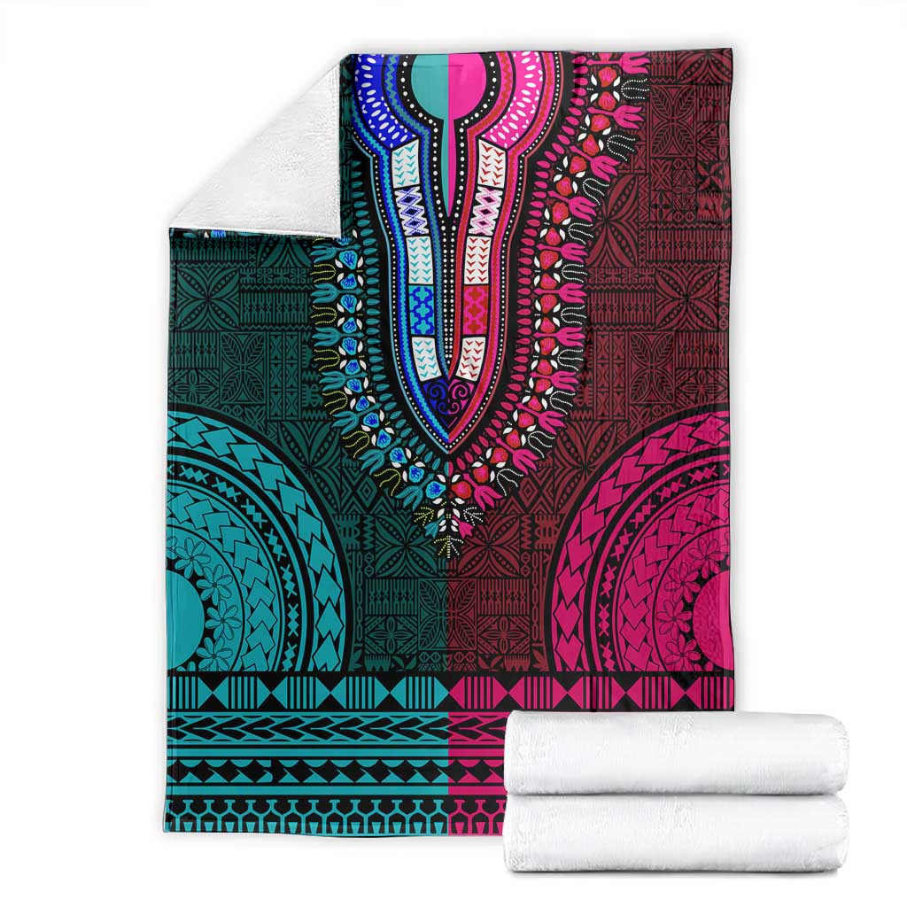 Teal-pink Dashiki and Tapa Pattern Blanket Africa-Polynesia Together Culture LT9