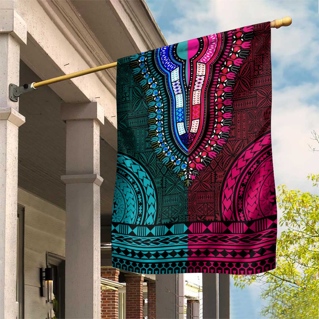 Teal-pink Dashiki and Tapa Pattern Garden Flag Africa-Polynesia Together Culture LT9
