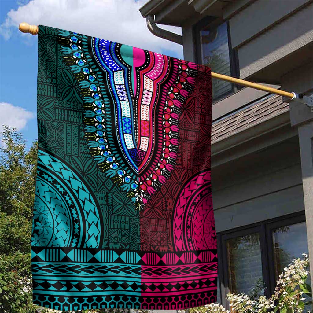 Teal-pink Dashiki and Tapa Pattern Garden Flag Africa-Polynesia Together Culture LT9