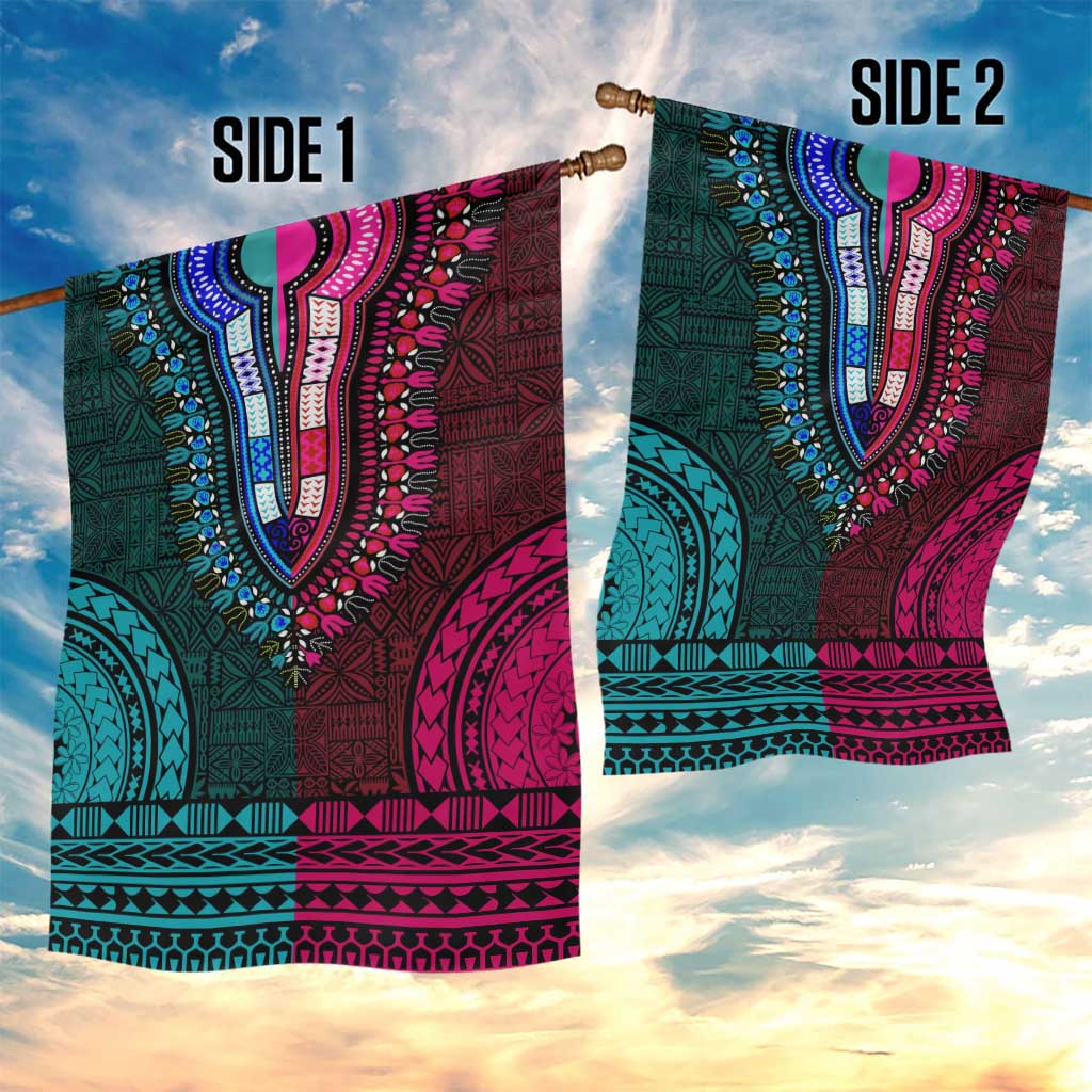 Teal-pink Dashiki and Tapa Pattern Garden Flag Africa-Polynesia Together Culture LT9