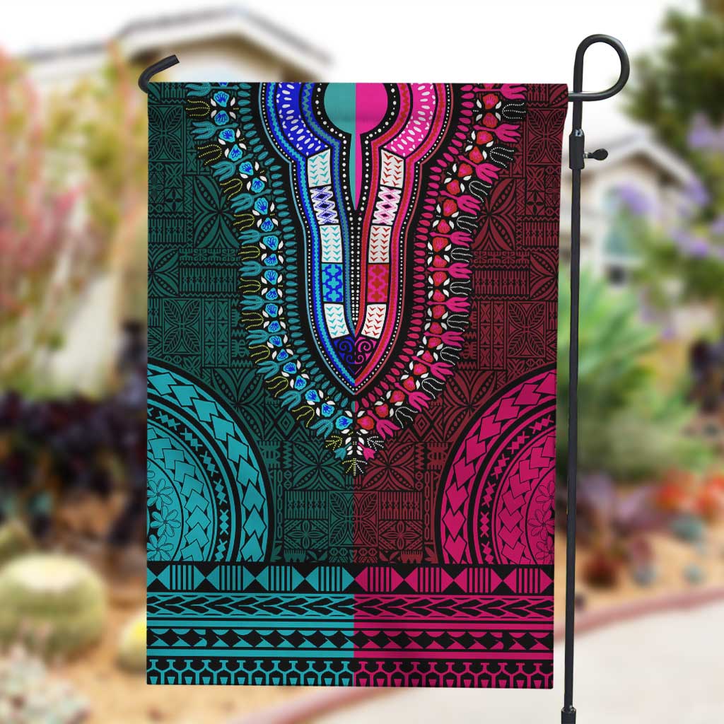 Teal-pink Dashiki and Tapa Pattern Garden Flag Africa-Polynesia Together Culture LT9