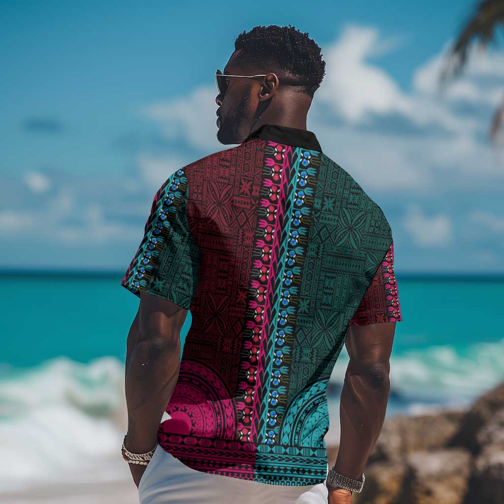 Teal-pink Dashiki and Tapa Pattern Hawaiian Shirt Africa-Polynesia Together Culture LT9