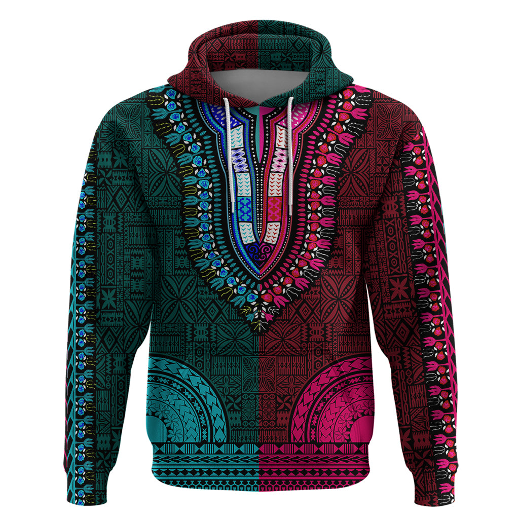 African Dashiki Hoodie With Tapa Pattern - Half Teal and Pink LT9