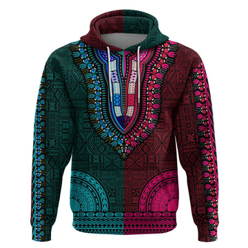African Dashiki Hoodie With Tapa Pattern - Half Teal and Pink LT9