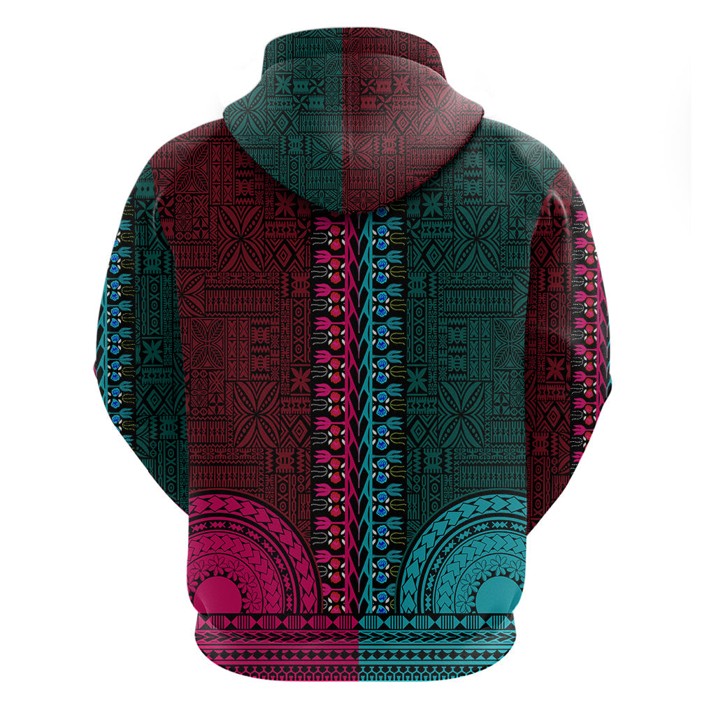 African Dashiki Hoodie With Tapa Pattern - Half Teal and Pink LT9