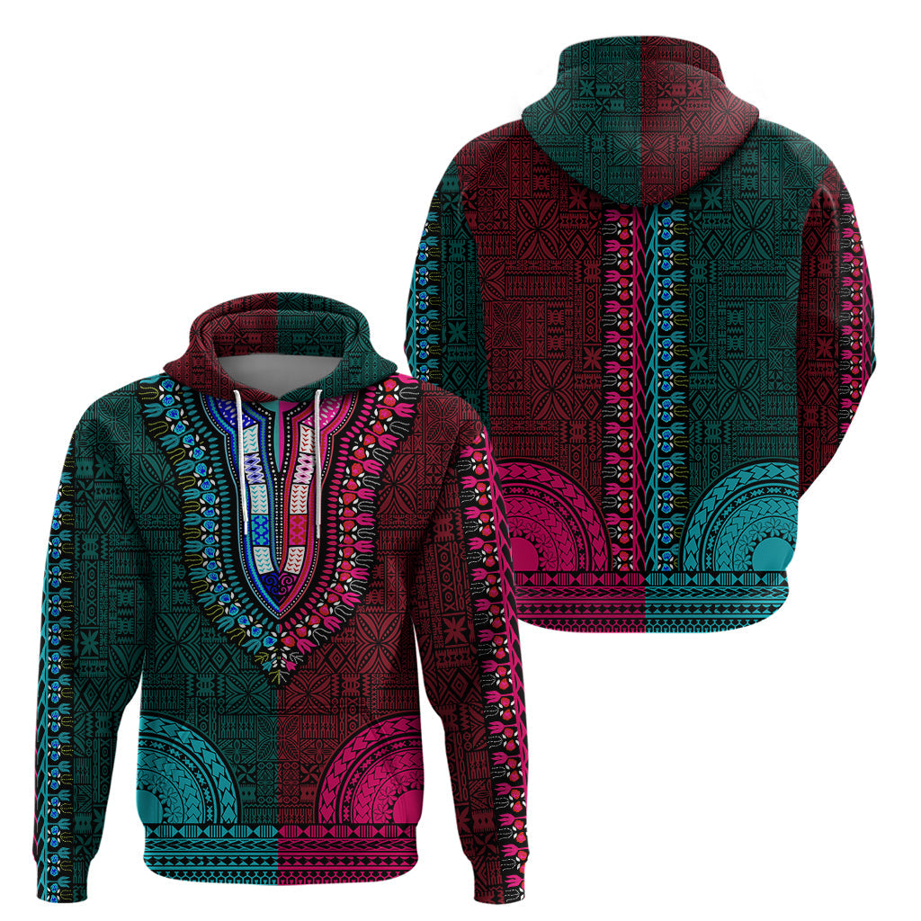 African Dashiki Hoodie With Tapa Pattern - Half Teal and Pink LT9