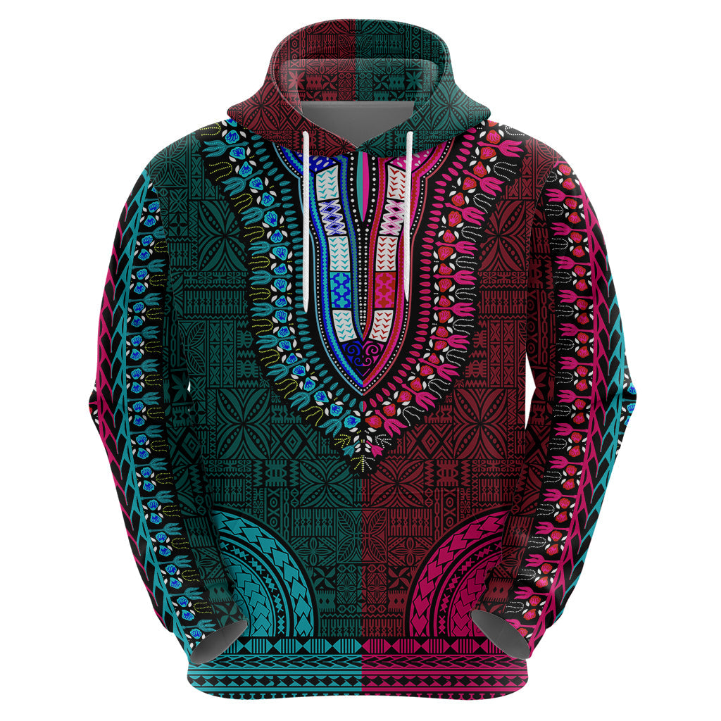 African Dashiki Hoodie With Tapa Pattern - Half Teal and Pink LT9