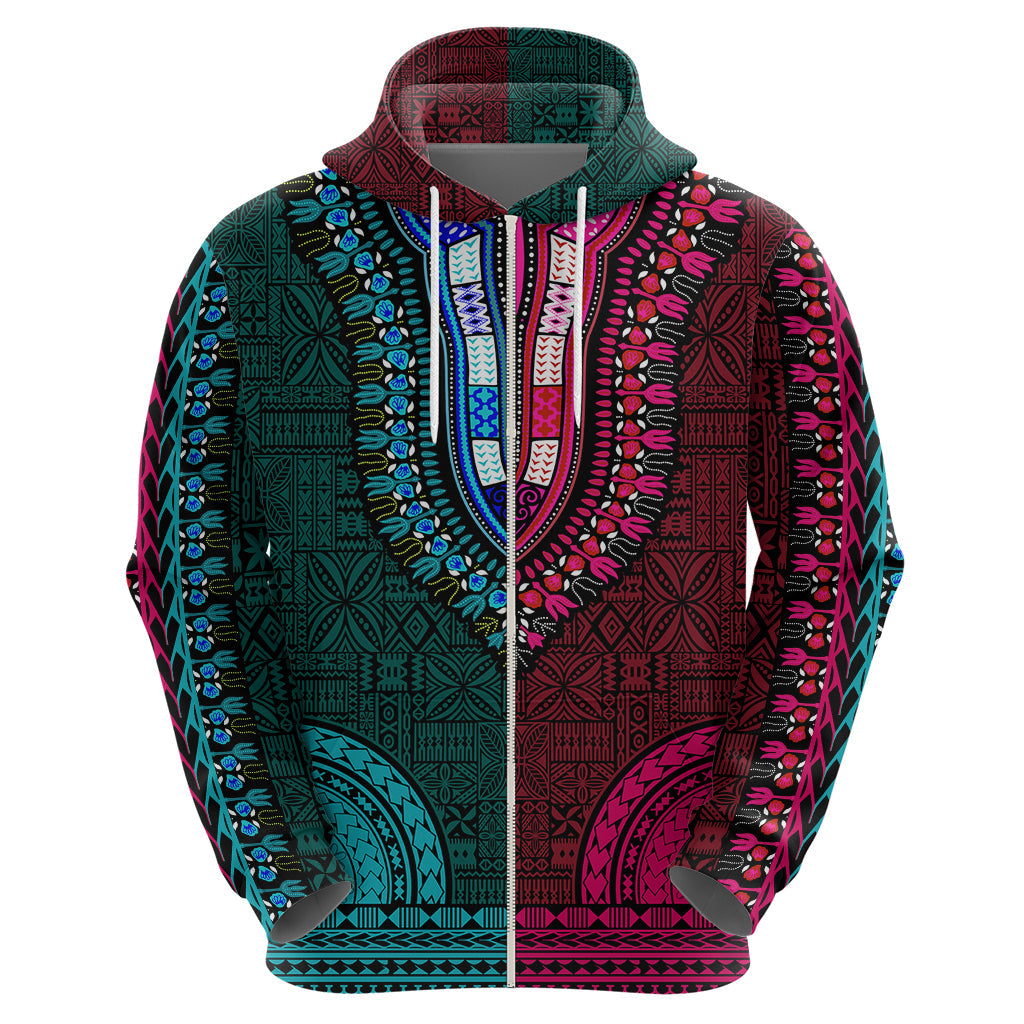 African Dashiki Hoodie With Tapa Pattern - Half Teal and Pink LT9