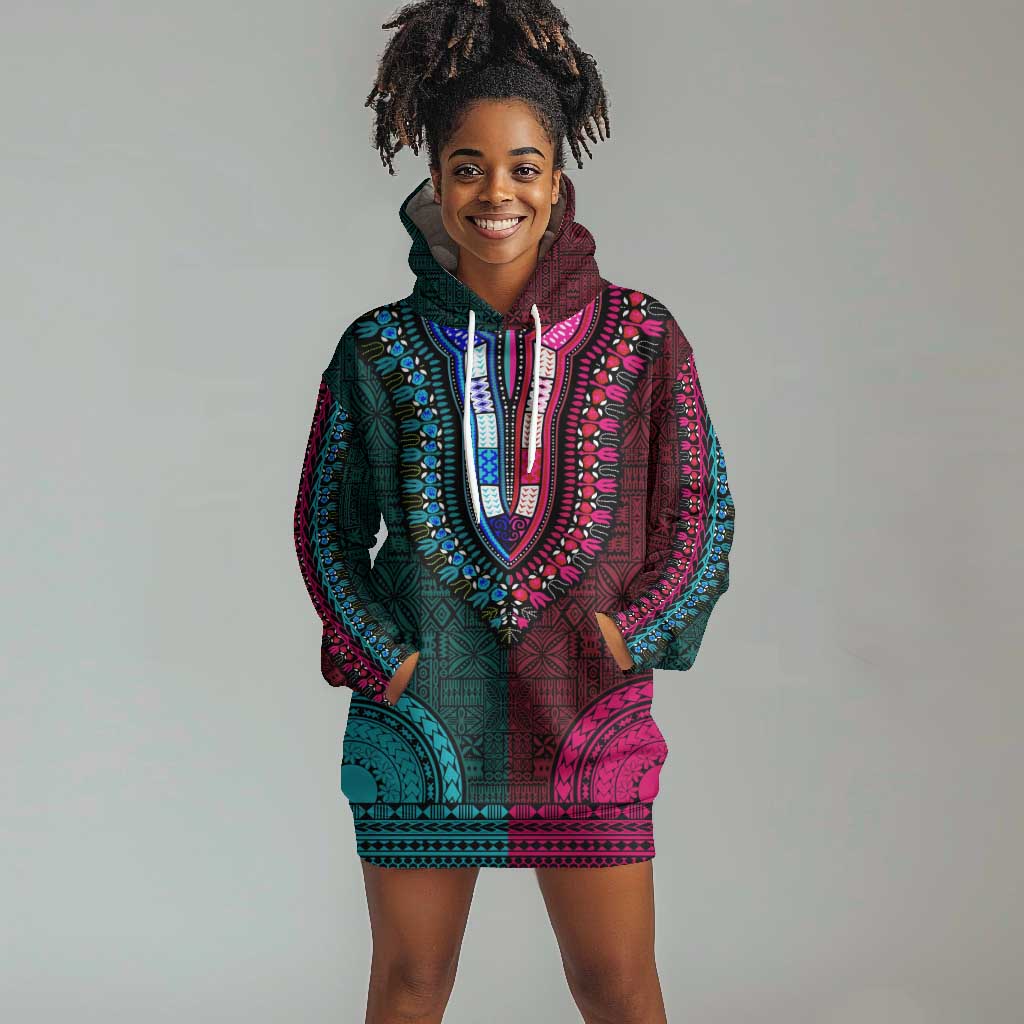 Teal-pink Dashiki and Tapa Pattern Hoodie Dress Africa-Polynesia Together Culture LT9