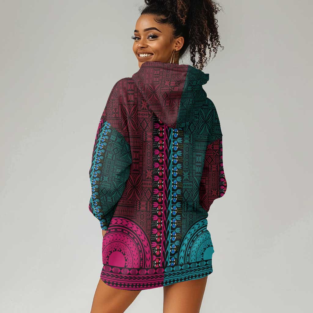 Teal-pink Dashiki and Tapa Pattern Hoodie Dress Africa-Polynesia Together Culture LT9