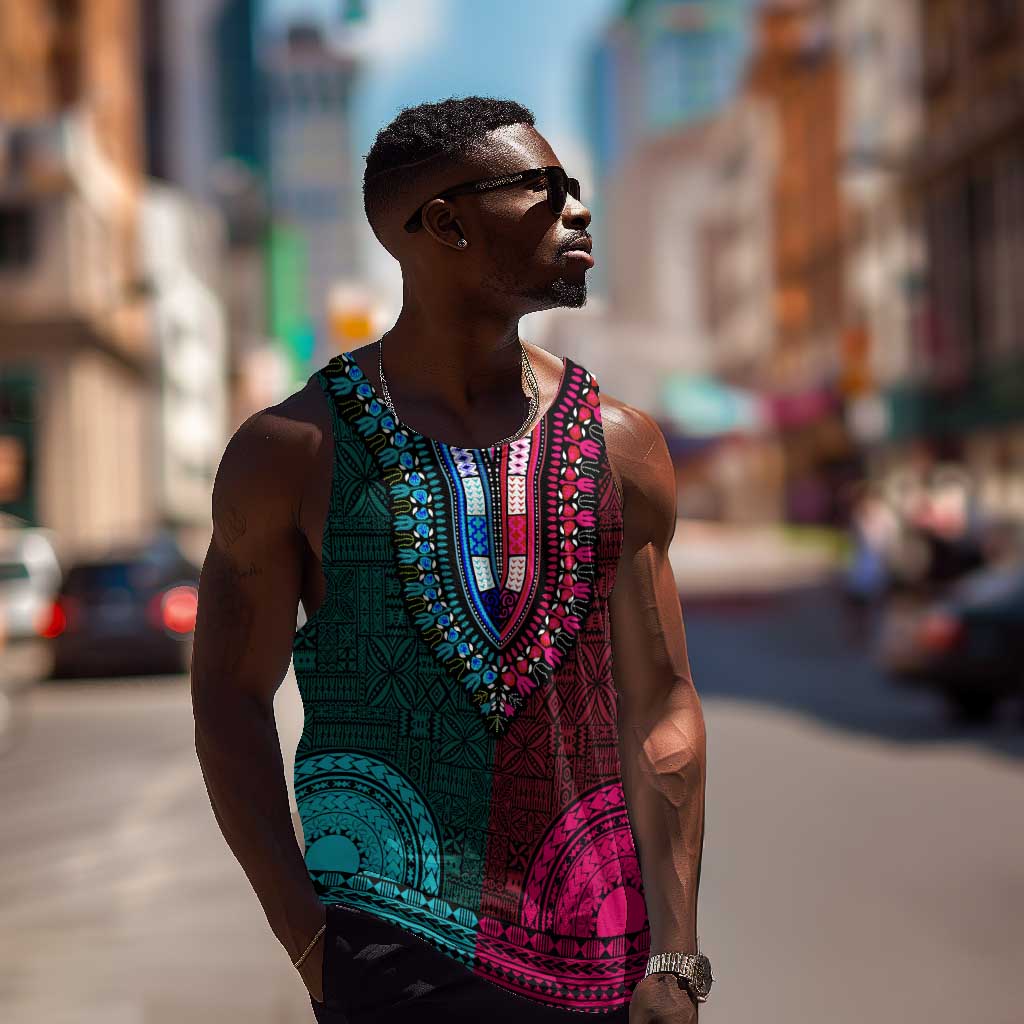 Teal-pink Dashiki and Tapa Pattern Men Tank Top Africa-Polynesia Together Culture LT9
