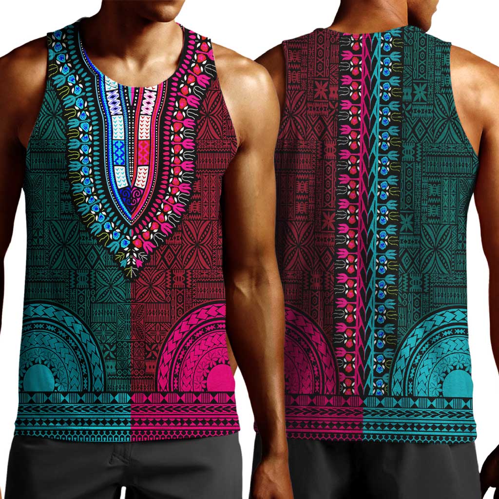 Teal-pink Dashiki and Tapa Pattern Men Tank Top Africa-Polynesia Together Culture LT9