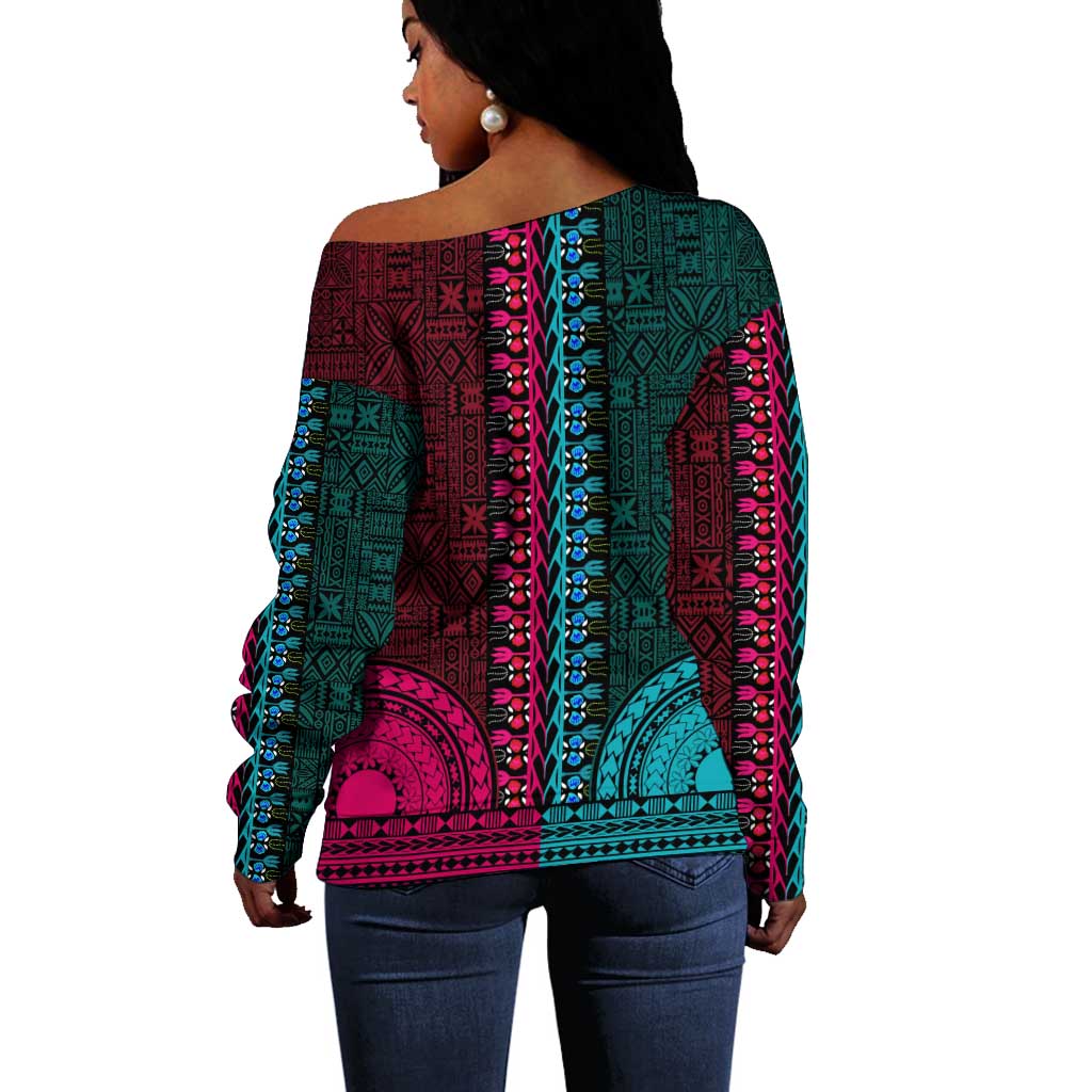 Teal-pink Dashiki and Tapa Pattern Off Shoulder Sweater Africa-Polynesia Together Culture LT9