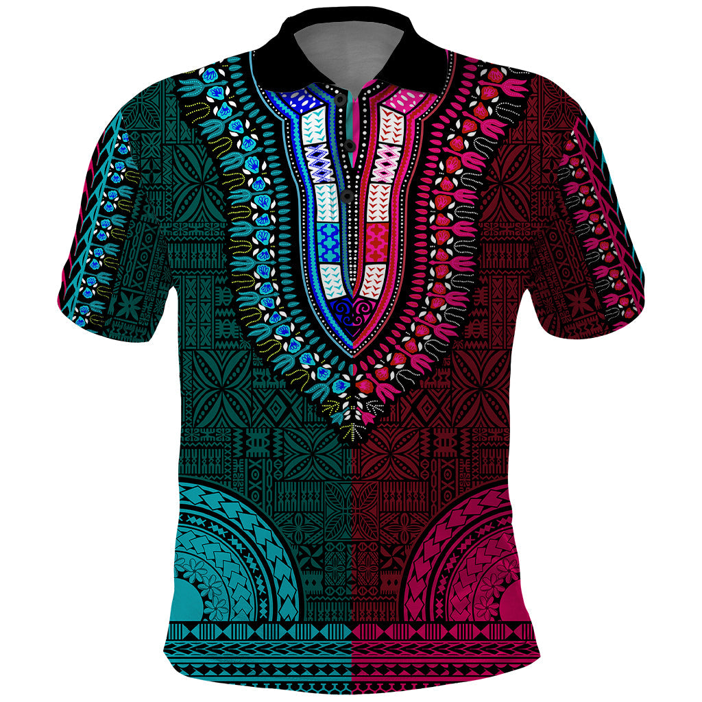 African Dashiki Polo Shirt With Tapa Pattern - Half Teal and Pink LT9