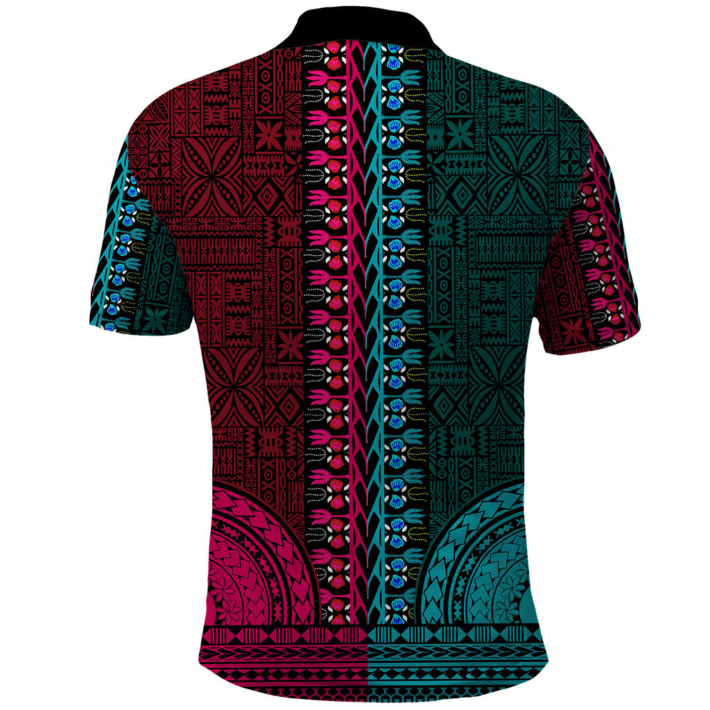 African Dashiki Polo Shirt With Tapa Pattern - Half Teal and Pink LT9
