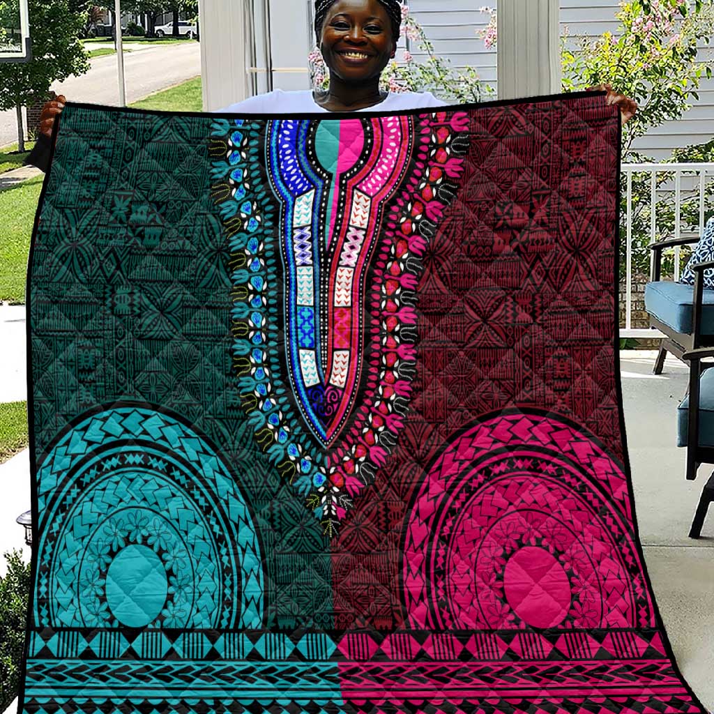 Teal-pink Dashiki and Tapa Pattern Quilt Africa-Polynesia Together Culture LT9