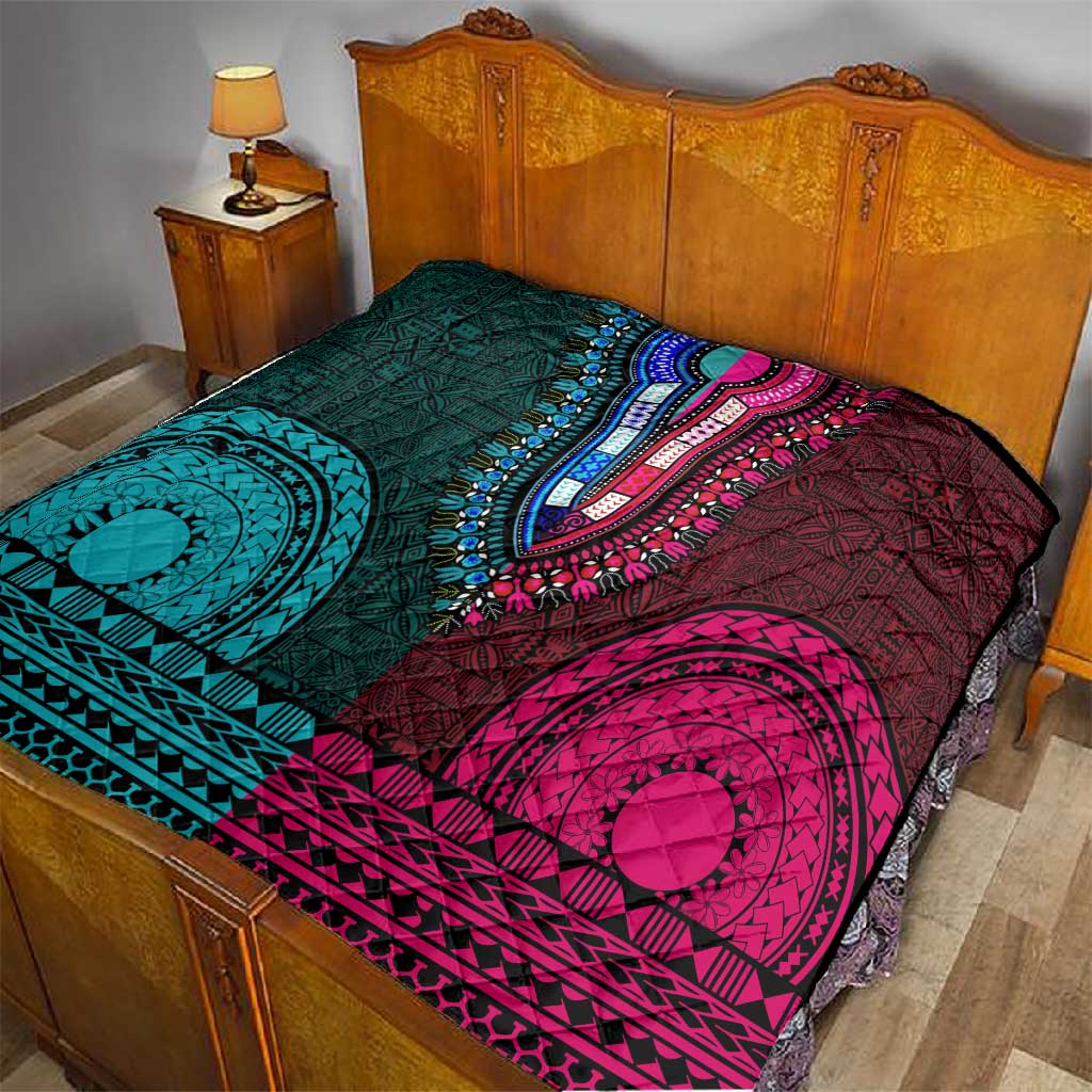 Teal-pink Dashiki and Tapa Pattern Quilt Africa-Polynesia Together Culture LT9
