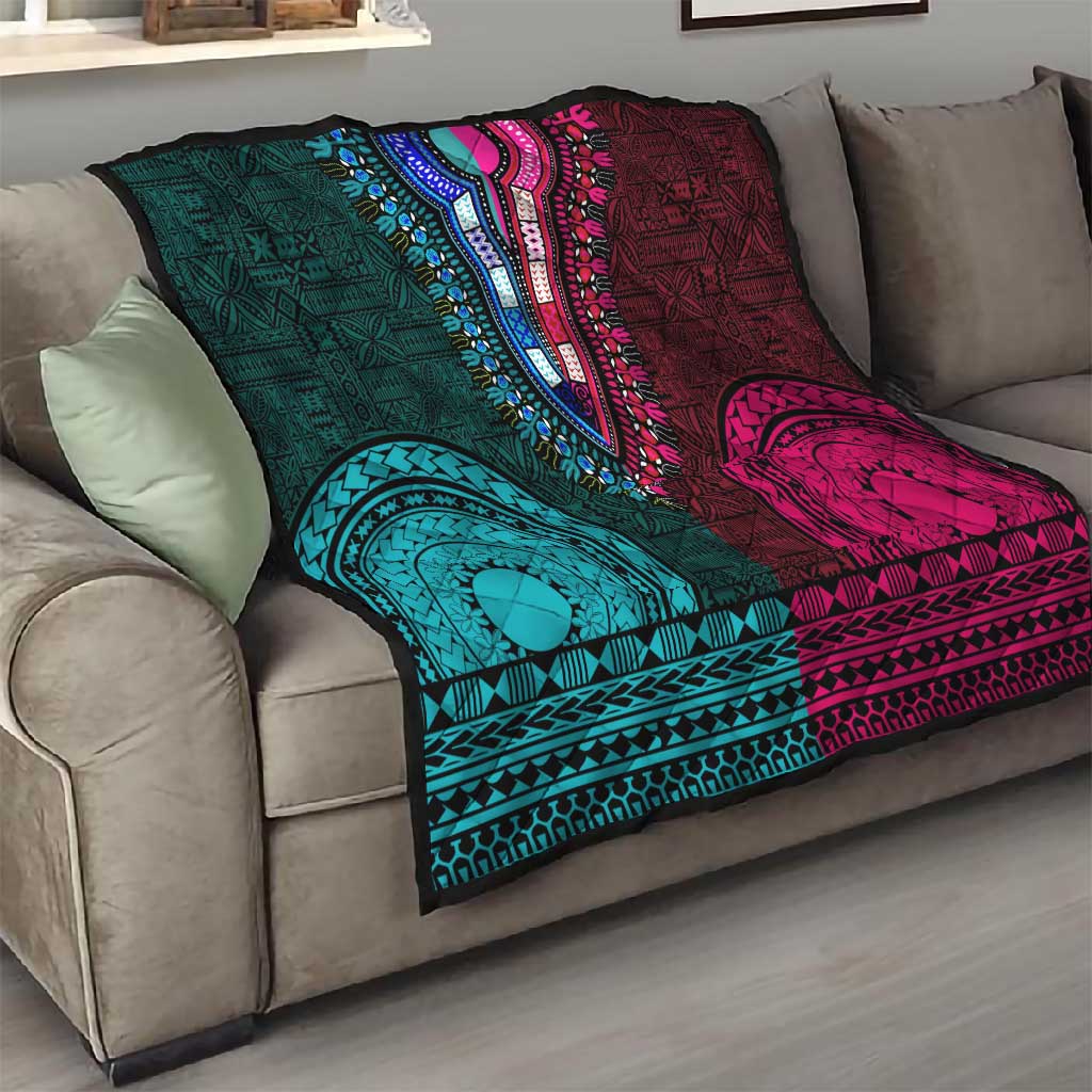 Teal-pink Dashiki and Tapa Pattern Quilt Africa-Polynesia Together Culture LT9