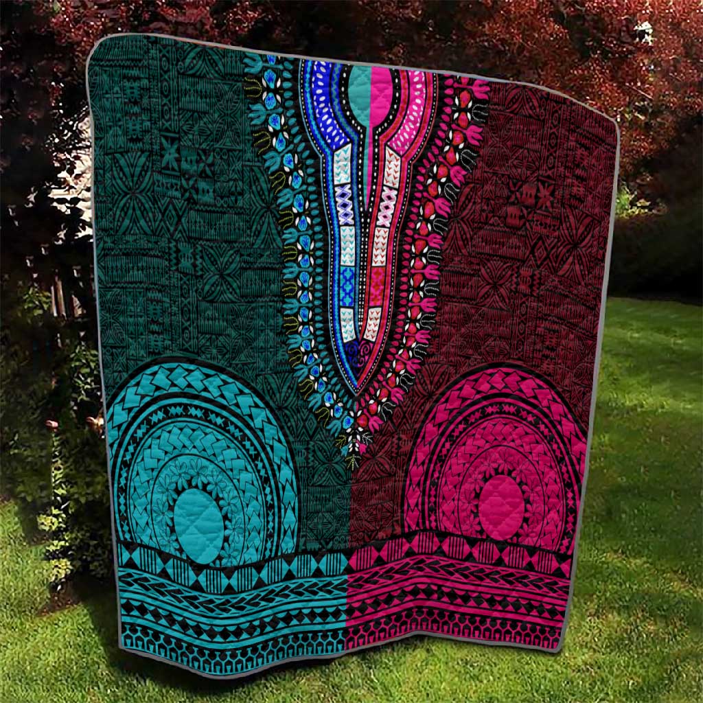 Teal-pink Dashiki and Tapa Pattern Quilt Africa-Polynesia Together Culture LT9