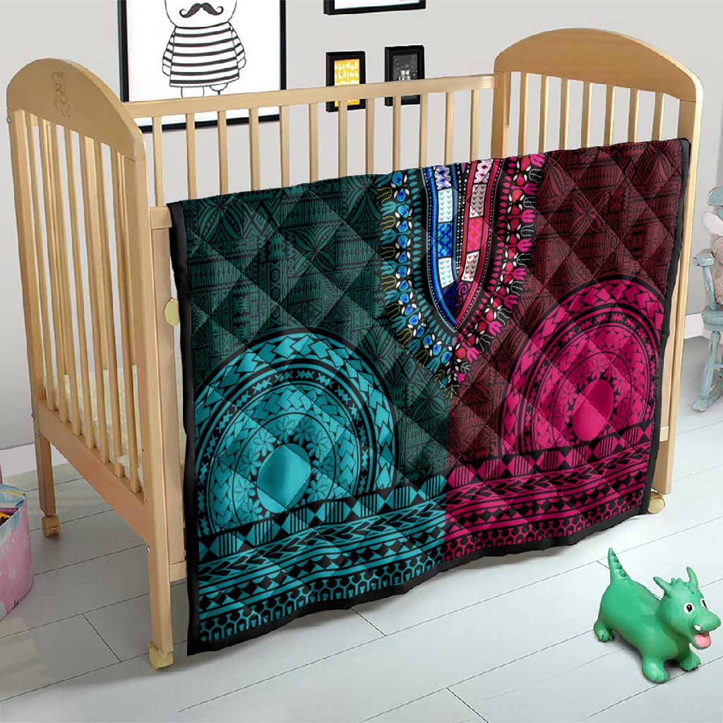 Teal-pink Dashiki and Tapa Pattern Quilt Africa-Polynesia Together Culture LT9