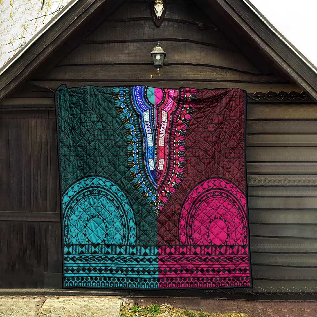 Teal-pink Dashiki and Tapa Pattern Quilt Africa-Polynesia Together Culture LT9