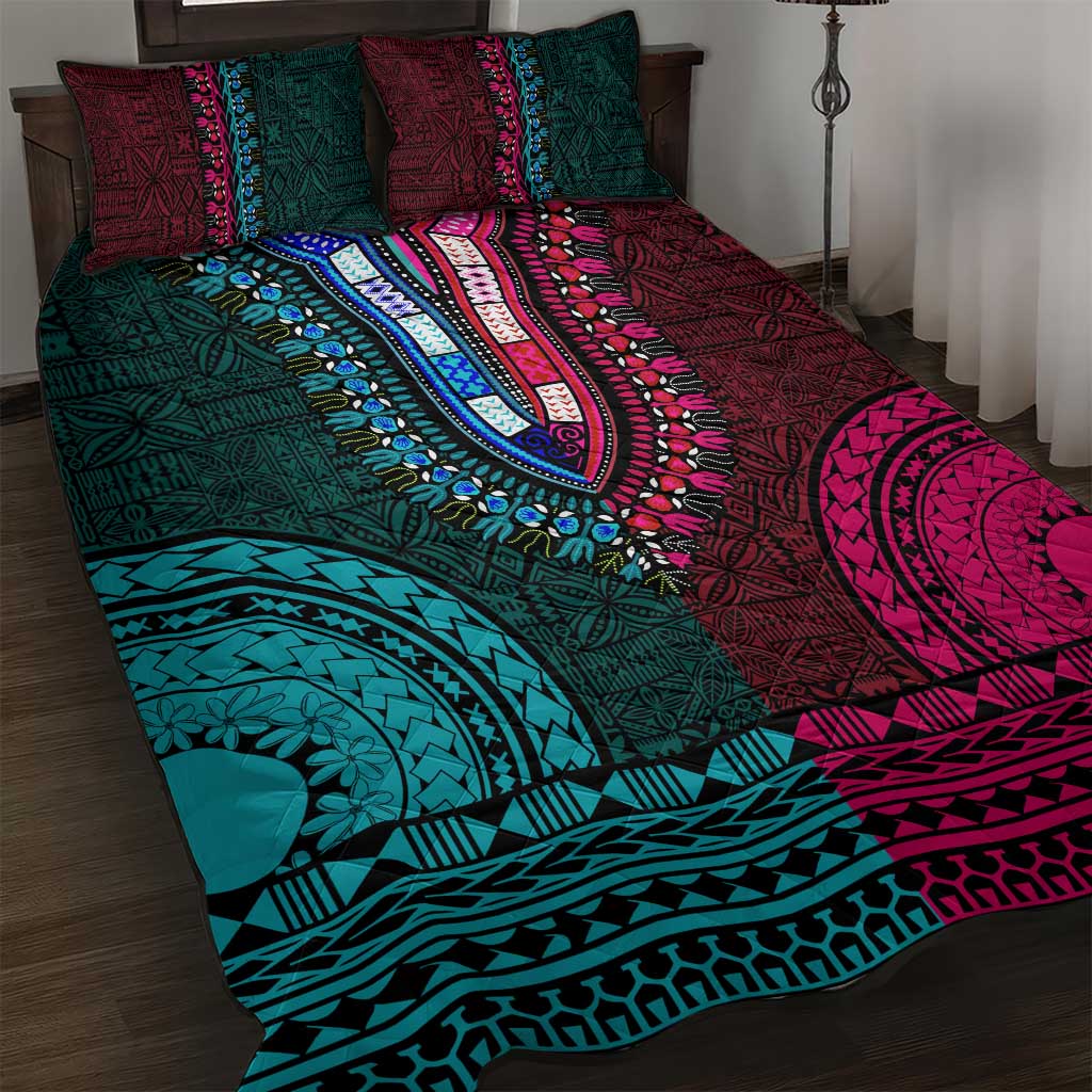 Teal-pink Dashiki and Tapa Pattern Quilt Bed Set Africa-Polynesia Together Culture LT9