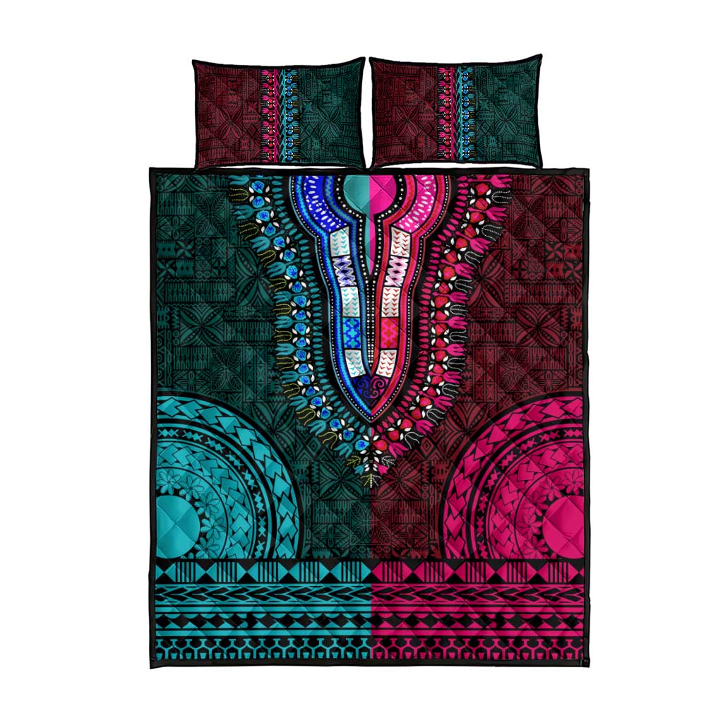 Teal-pink Dashiki and Tapa Pattern Quilt Bed Set Africa-Polynesia Together Culture LT9