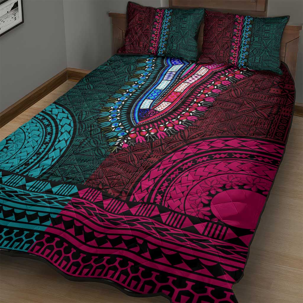 Teal-pink Dashiki and Tapa Pattern Quilt Bed Set Africa-Polynesia Together Culture LT9