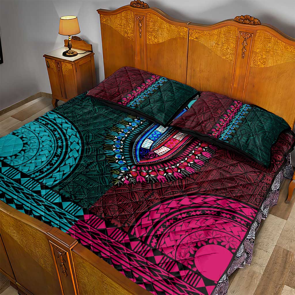 Teal-pink Dashiki and Tapa Pattern Quilt Bed Set Africa-Polynesia Together Culture LT9
