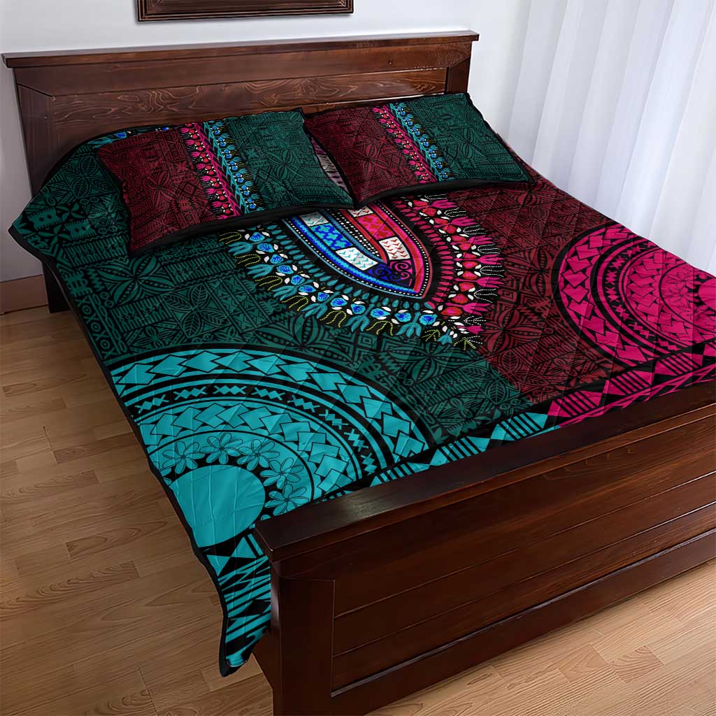 Teal-pink Dashiki and Tapa Pattern Quilt Bed Set Africa-Polynesia Together Culture LT9