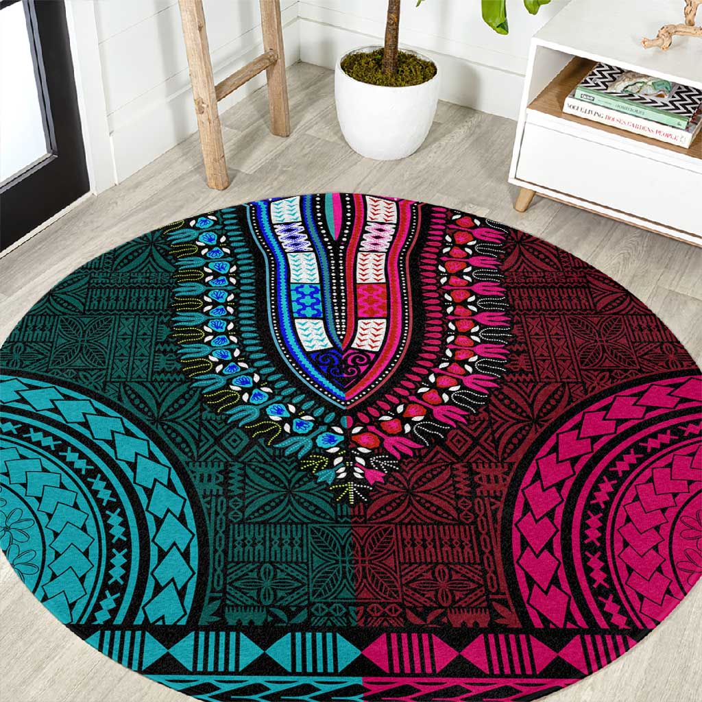 Teal-pink Dashiki and Tapa Pattern Round Carpet Africa-Polynesia Together Culture LT9